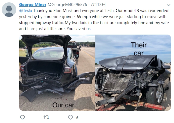 Model 3高速被惨烈追尾 车主感谢特斯拉：救了我们一家人的命